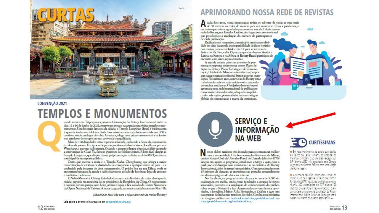 Pág. 13 da Revista Rotary Brasil de dezembro cita o Rotary Club de Uberaba Portal do Cerrado como exemplo de inovação em Imagem Pública