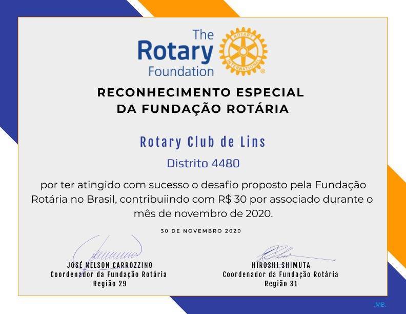 Certificado de Reconhecimento da Fundação Rotária
