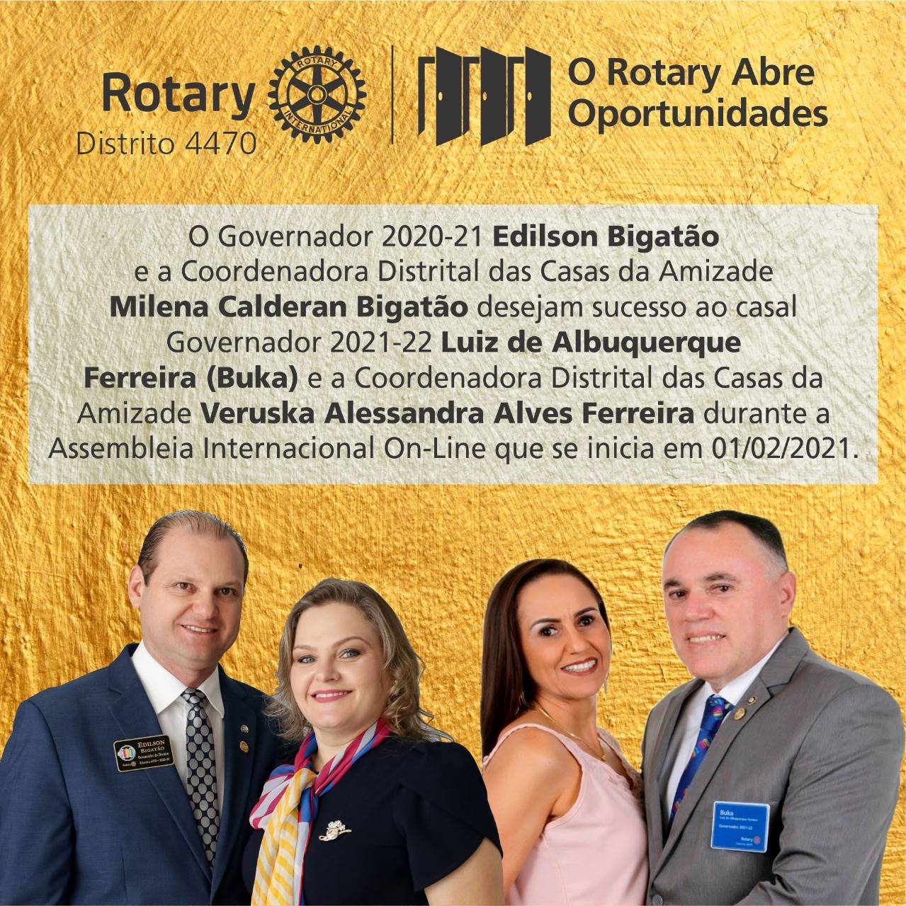 Governador 2020-21 Edilson Bigatão | Milena desejam ao casal Governador 2021-22 Buka | Veruska Sucesso na Assembleia Internacional