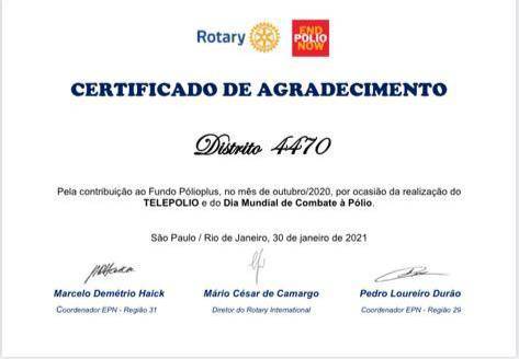 O Distrito 4470 recebe Certificado de Agradecimento pela Contribuição ao Fundo Pólio Plus 