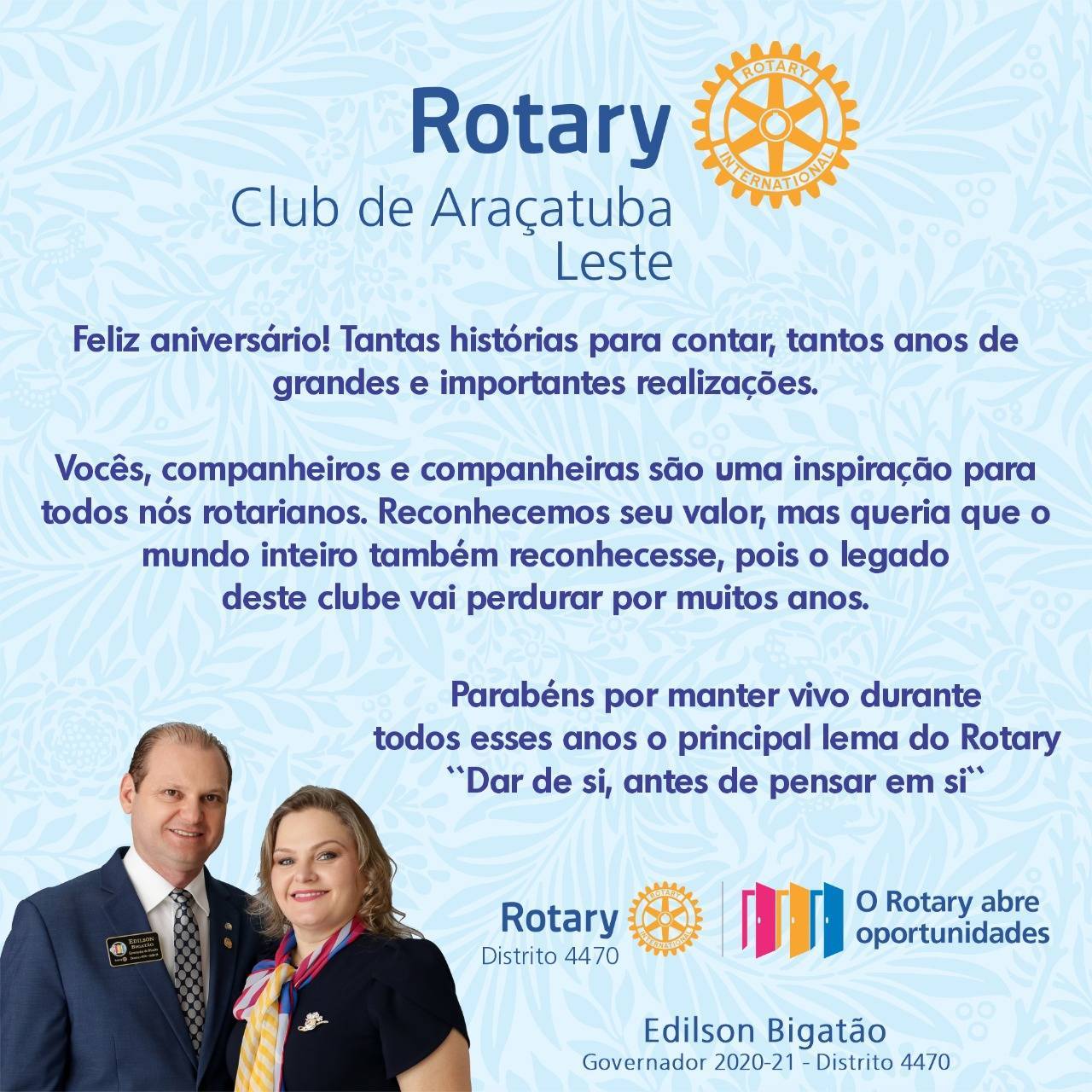 Governador 2020-21 Edilson Bigatão | Milena parabenizam os companheiros do  Rotary Club de Araçatuba Leste pelos 42 Anos