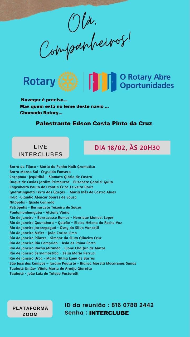 Interclubes - Palestrante - Edson Cruz Tema da palestra: Navegar é preciso... Mas quem está no leme desse navio.... Chamado Rotary...   ( Uma viagem sobre os lemas Rotários)