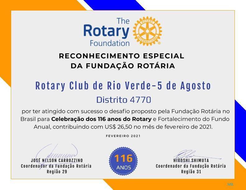 RECONHECIMENTO ESPECIAL DA FUNDAÇÃO ROTÁRIA