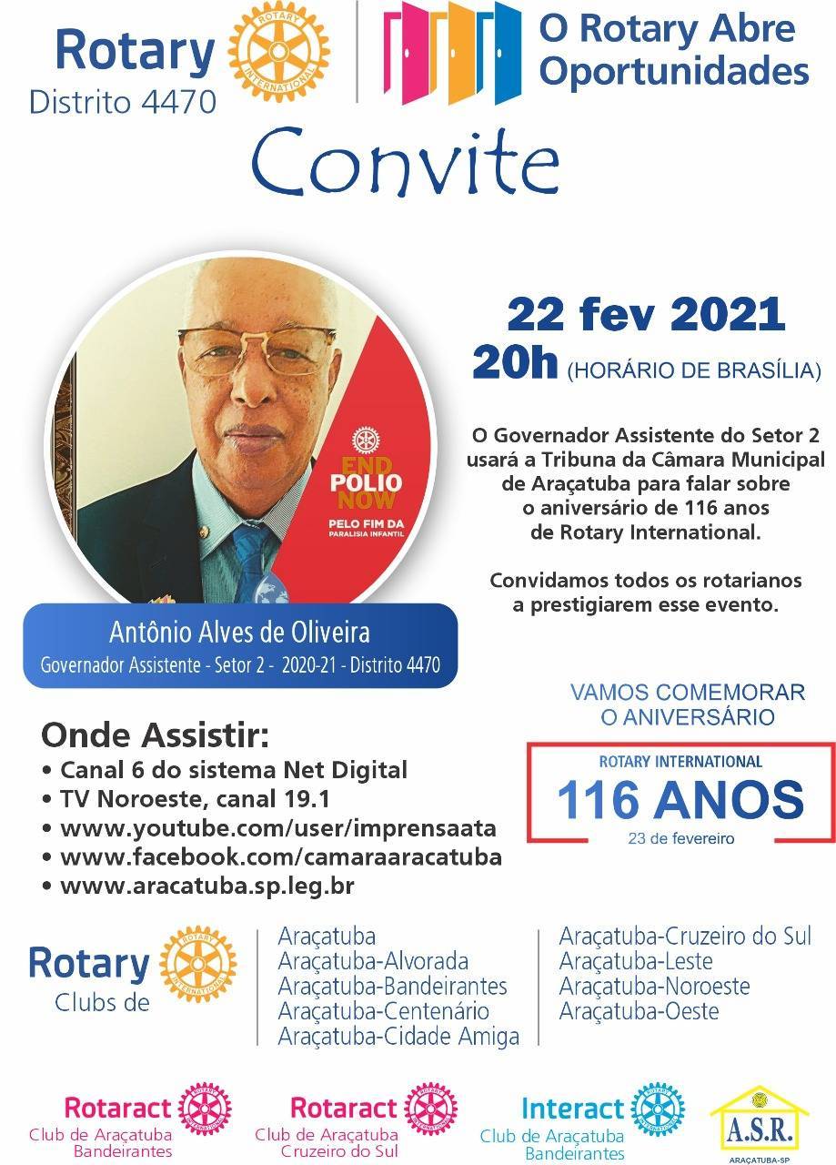 Convite do Governador Assistente 2020-21 Setor 2 - Tribuna da Câmara Municipal de Araçatuba - 116 Anos do Rotary 