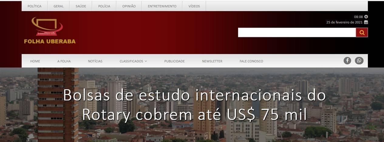 Folha de Uberaba apoia divulgação do ROTARY CLUB DE UBERABA PORTAL DO CERRADO sobre as Bolsas pela Paz, com orientações aos interessados em se candidatarem   https://folhauberaba.com.br/noticias/bolsas-de-estudo-internacionais-do-rotary-cobrem-ate-us-75-mil 