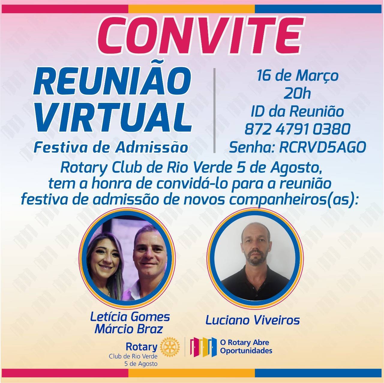 CONVITE REUNIÃO DE ADMISSÃO DE NOVOS ASSOCIADOS AO ROTARY 5 DE AGOSTO