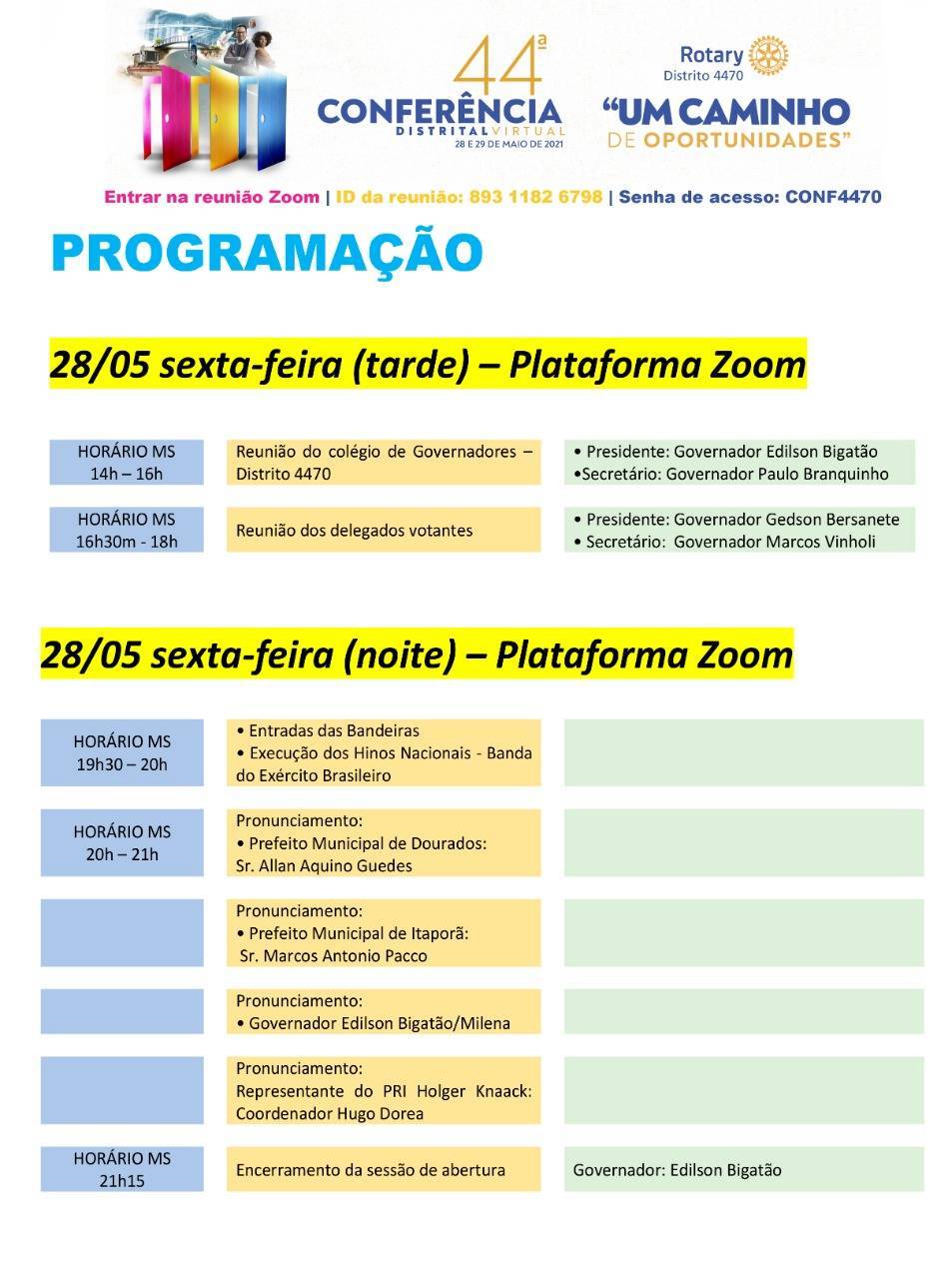 PROGRAMAÇÃO DA 44º Conferência Distrital 28 e 29/05/2021