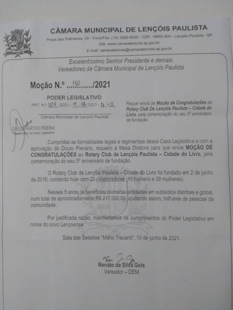 MOÇÃO DE CONGRATULAÇÕES ANIVERSÁRIO DE 5 ANOS DE FUNDAÇÃO