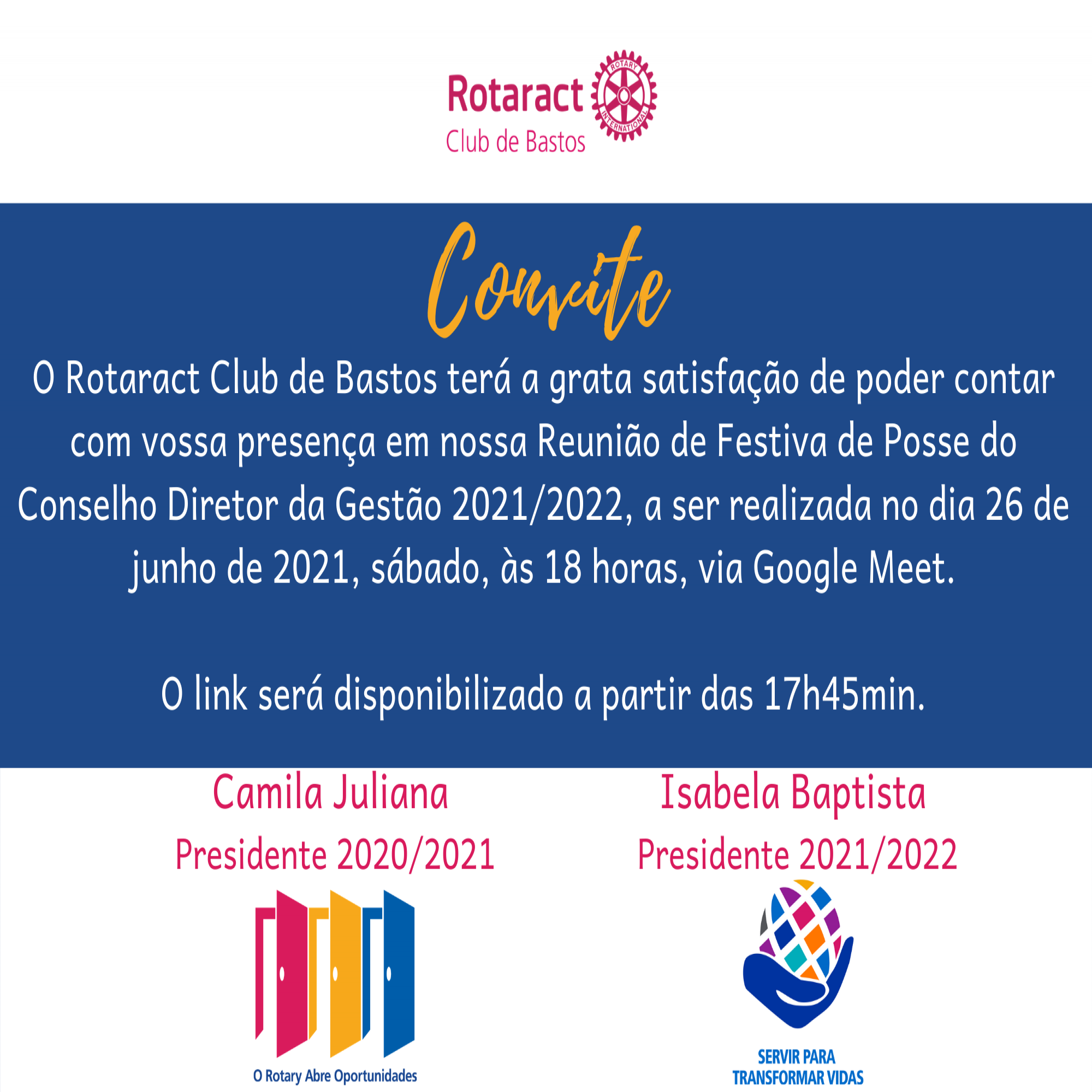 Convite para a Festiva de Posse do Rotaract Club de Bastos.