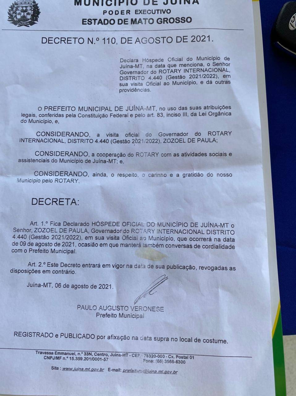 Prefeitura de Juína declara nosso governador como hóspede oficial do município