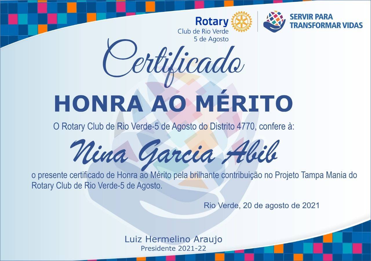 Nina, uma criança que não tem nenhuma ligação familiar com rotarianos, se dedica ao Projeto Tampa Mania do Rotary Club de Rio Verde 5 de Agosto.