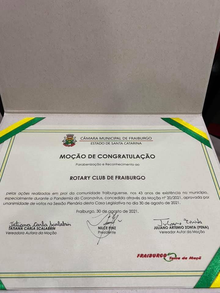 Rotary Club de Fraiburgo recebeu a Moção de Congratulação