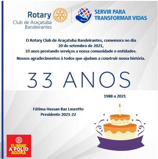 Aniversário do Rotary Club de Araçatuba Bandeirantes - 33 Anos - 20/09/2021