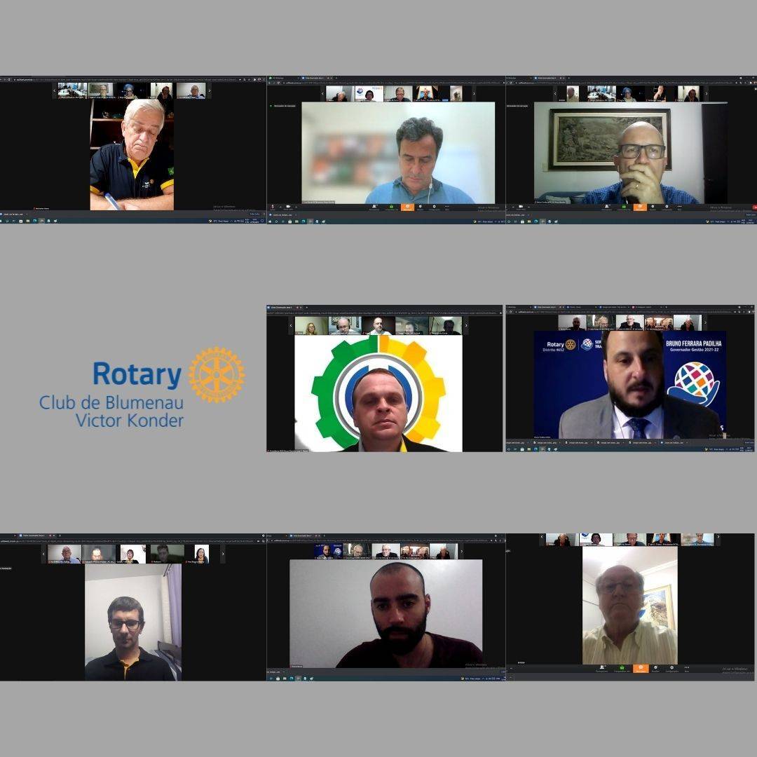 Companheiros do Rotary Club Blumenau Victor Konder da parte superior da esquerda para direita: Comp. Waldemar Hasse, Jose Luis Pardal, Edson Jorge Fandaruff, Pr. Luiz Carlos Reiter. Gov. Bruno Padilha, comp. Odirlei Vanelli, Bruno Bento e Ari Antonio Fischer, demais companheiros participaram sem o compartilhamento de imagem.