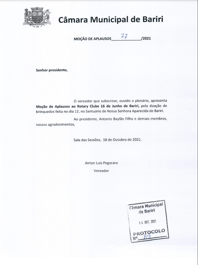 Proposição apresentada pela Câmara Municipal de Bariri