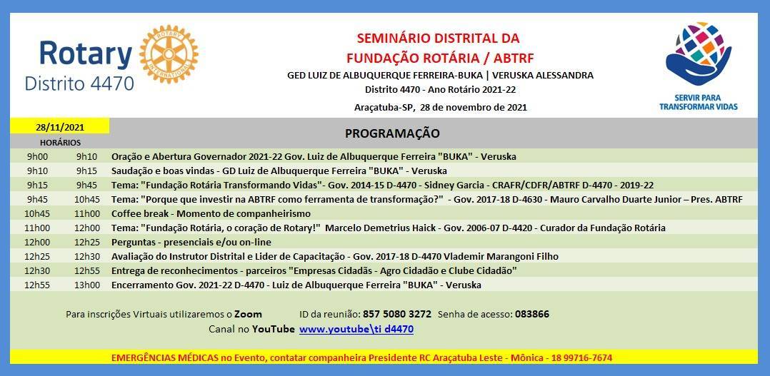 Convite para Seminário Distrital da Fundação Rotária / ABTRF - 28-11-2021
