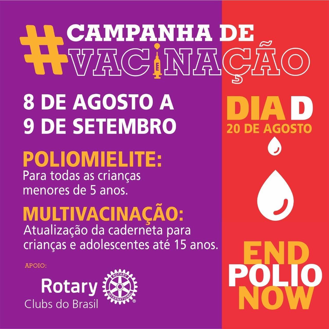 Começa hoje 08/08 segue até 09/09 a vacinação contra a Paralisia Infantil e a Multivacinação