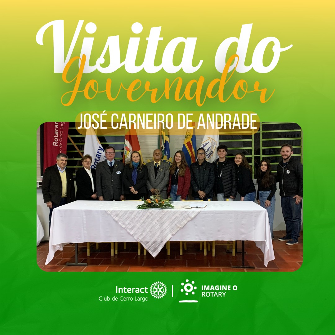 Na segunda-feira, dia 29/08/2022, tivemos a oportunidade de conhecer o Governador José Carneiro de Andrade, na qual o conselho diretor se reuniu para debater as questões burocráticas do clube!  #paratodosverem : A arte está composta por um fundo verde em degradê com o amarelo e com uma textura no fundo. Na parte superior central está escrito “Visita do Governador - José Carneiro de Andrade”, nas cores branco e amarelo. Na parte central está a foto dos companheiros do Interact, alguns companheiros do Rotaract e o Governador, junto a sua esposa. Por fim, no centro inferior está a logo do Interact Club de Cerro Largo e a logo do Lema Rotário “Imagine o Rotary”. 💜🔅
