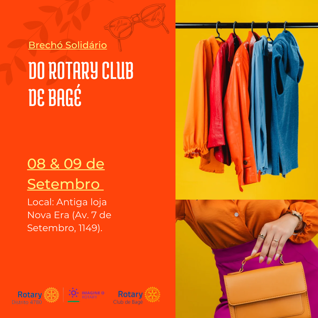 #paracegover: Flyer informativo sobre o Brechó Solidário, com fundo na cor laranja e imagem de roupas em um suporte tipo cabideiro. O evento acontecerá nos dias 8 e 9 de setembro de 2022, das 9h às 11h30 e a tarde das 14h as 17h, na avenida Sete de Setembro, 1149 (Antiga Loja Nova Era).