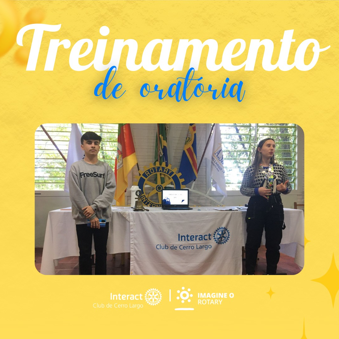 No dia 03/09/2022, foi realizado o I Treinamento de Oratória. Para maior conhecimento e desenvolvimento, foi apresentado métodos de como se portar diante do público e técnicas de discurso. Para finalizar, houve uma dinâmica, onde se baseou na ideia de que os associados incorporassem vendedores e convencessem os demais presentes a comprar os objetos destinados a cada um, desenvolvendo assim a fala em público.  #paratodosverem: A arte está composta por um fundo amarelo com uma textura no fundo. Na parte superior central está escrito “Treinamento de oratória”, nas cores branco e azul. Na parte central está a foto de alguns companheiros do Interact. Por fim, no centro inferior está a logo do Interact Club de Cerro Largo e a logo do Lema Rotário “Imagine o Rotary”. 💜🔅