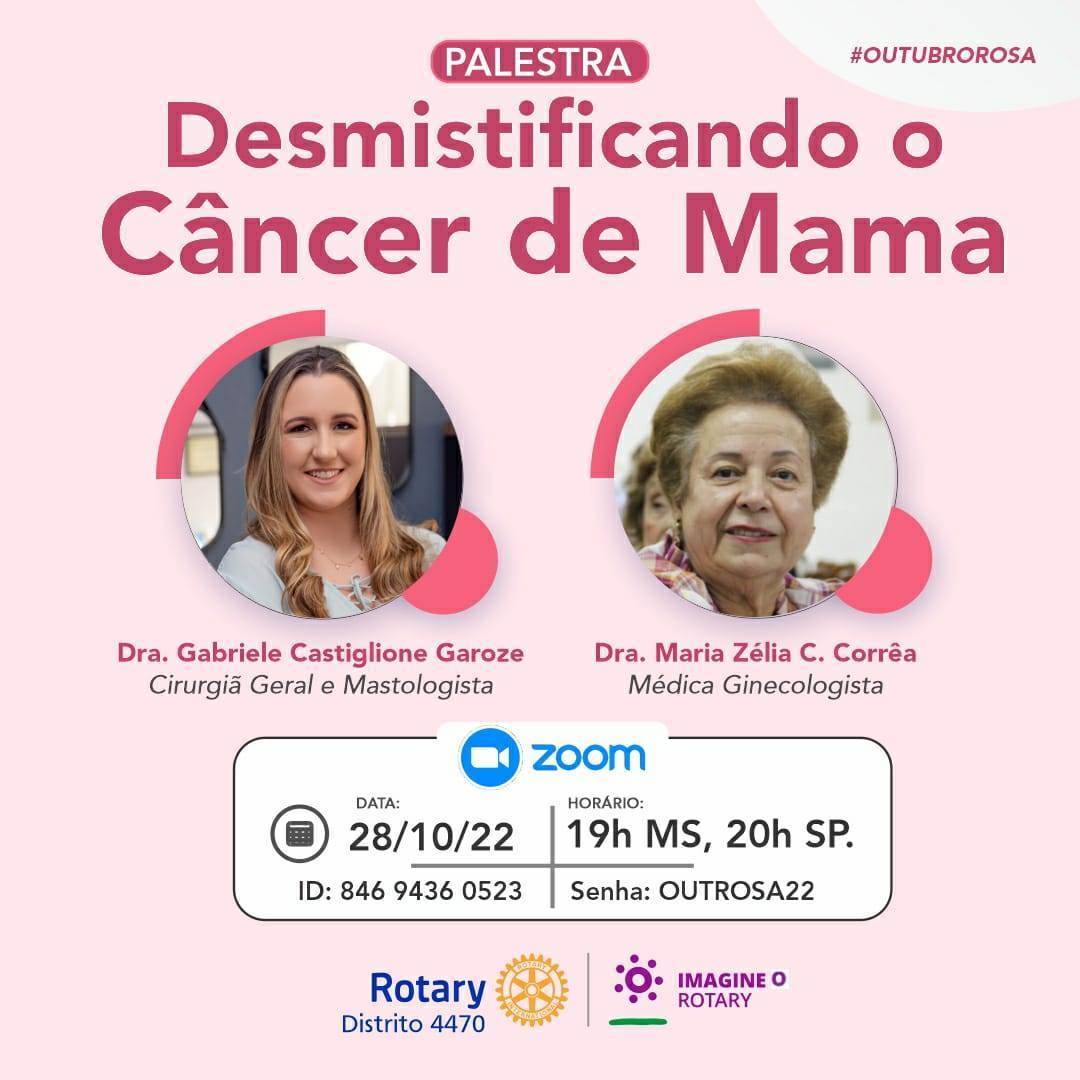DESMISTIFICANDO O CÂNCER DE MAMA. -  Dia 28/10/2022   HORA: 19h MS - 20h SP  Drª Gabriela Castiglione e Drª Maria Zélia C. Corrêa