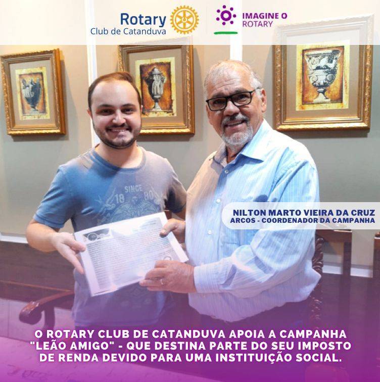 Hoje, o presidente do Rotary Club de Catanduva, @lucascintra_51, esteve com o Coordenador da Campanha Leão Amigo, Nilton Vieira da Cruz, membro da ARCOOS (Associação em Rede de Cooperação Social)