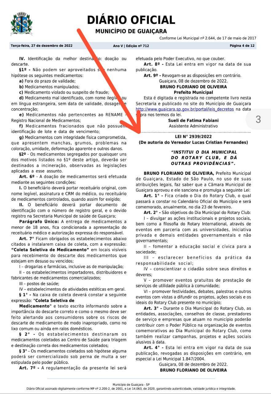 A Prefeitura Municipal de Guaiçara Institui o dia 23 de Fevereiro como Dia Municipal do Rotary Club