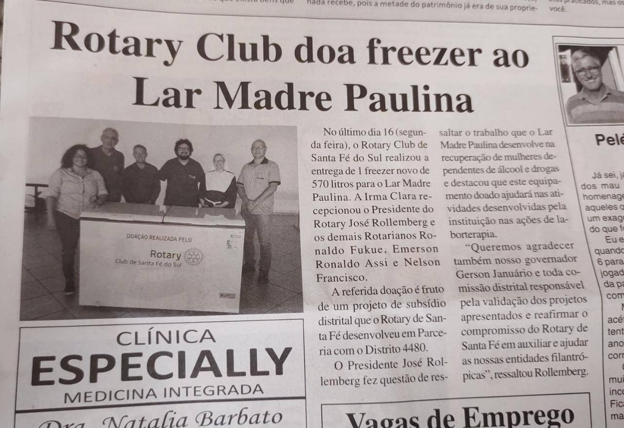 Doação do Rotary Club de Santa Fé do Sul é destaque em jornal local.