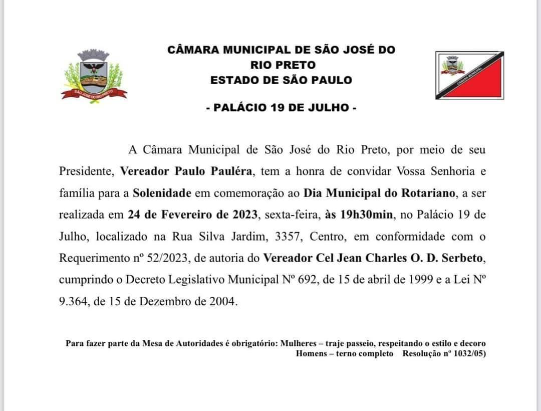 Dia Municipal do Rotariano - 24/02/2023 - Câmara Municipal de São José do Rio Preto