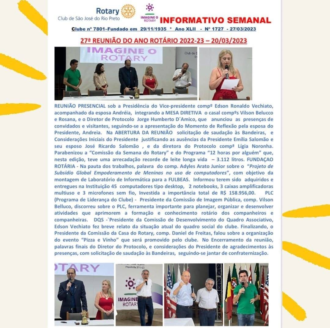Rotary Club de São José do Rio Preto: Boletim Informativo Semanal da 27ª reunião ordinária realizada em 20/03/2023