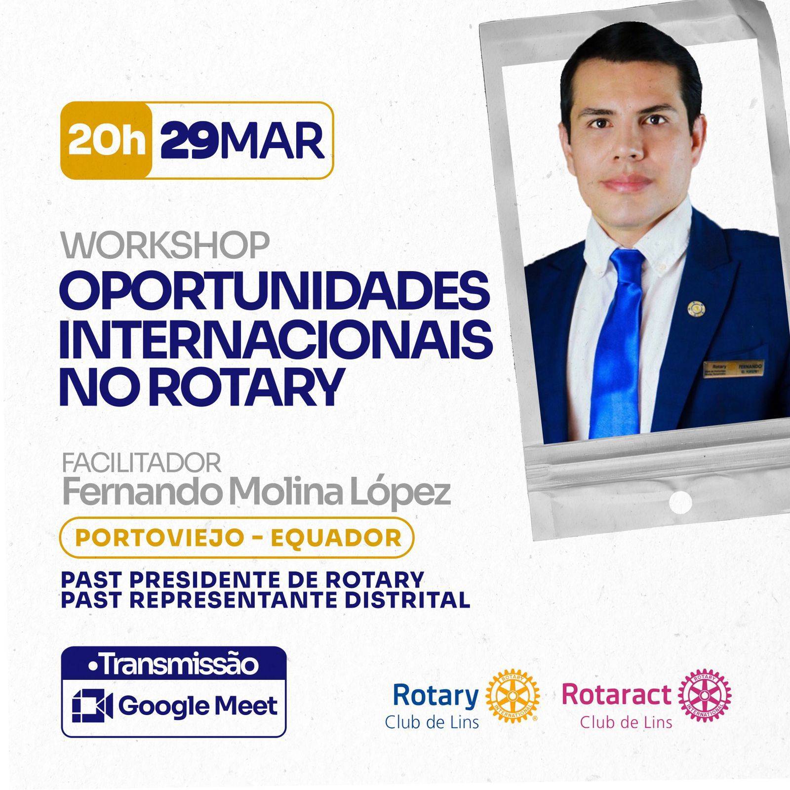 Nessa quarta-feira, 29 de março, receberemos um convidado internacional 🇪🇨 🇧🇷. O @ec_ferchomolina vai conversar com a gente ao vivo direto de Portoviejo Equador sobre um tema incrível: as oportunidades internacionais no Rotary.