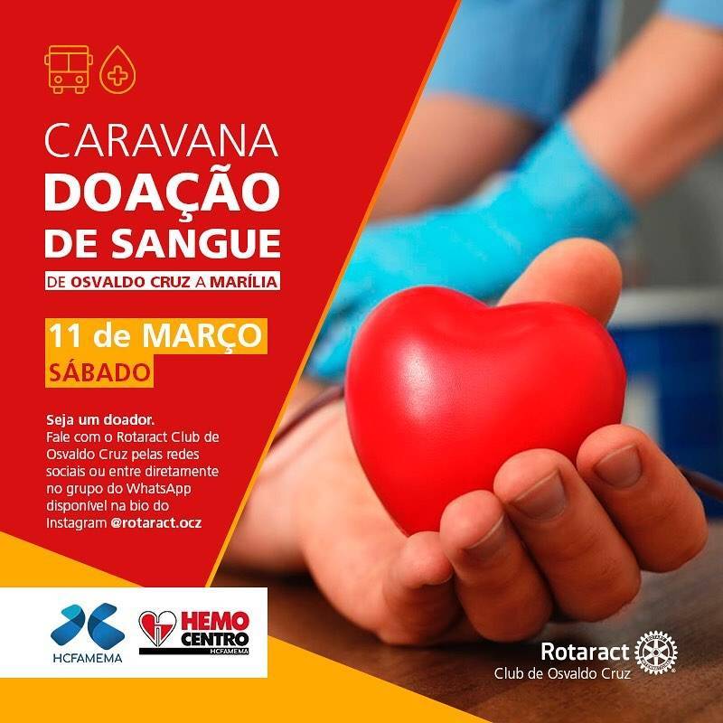 Rotaract Club de Osvaldo Cruz realiza caravana de doação de sangue em parceria com o hemocentro de  Marília