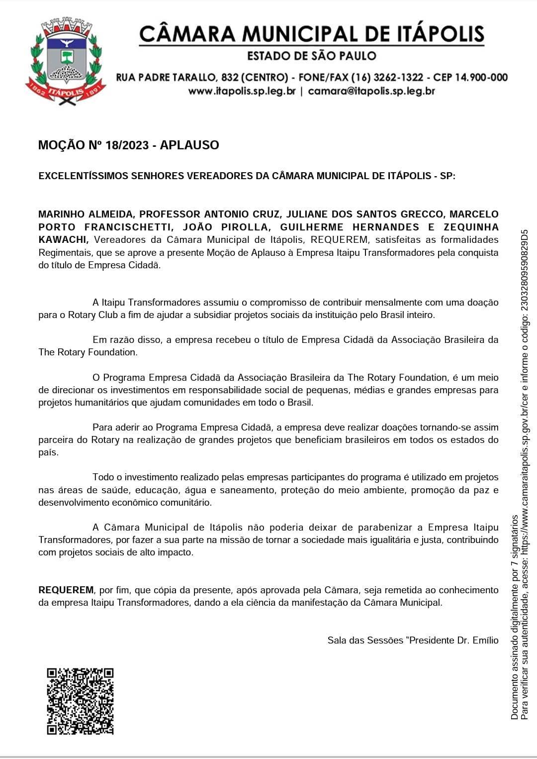 Câmara Municipal de Itápolis - Moção nº 18/2023 