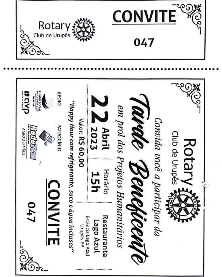Não percam a Tarde Beneficente do Rotary Club de Urupês. Dia 22/04 às 15h no Restaurante Lago Azul, em Urupês. Convites à venda.