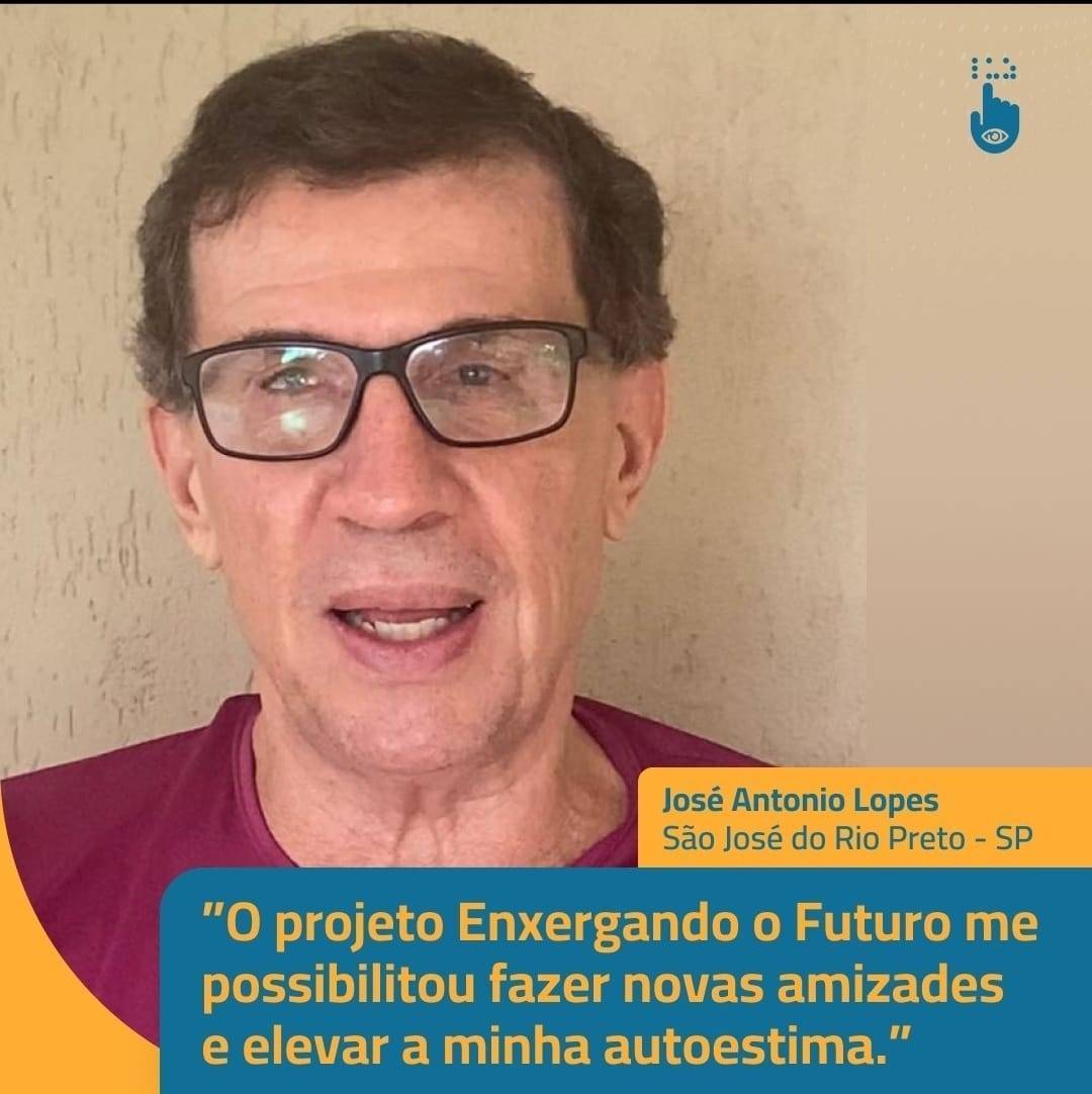 O José Antônio é um dos alunos do Enxergando o Futuro. Ele nasceu com aniridia, uma doença que afeta a íris, a parte colorida dos olhos, e adquiriu ao longo dos anos glaucoma e catarata precoce
