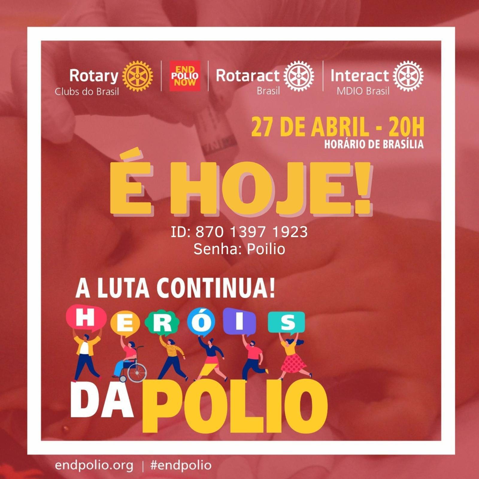 É hoje!!!  Nos vemos logo mais, às 20h (horário de Brasília), na Campanha Heróis da Pólio.