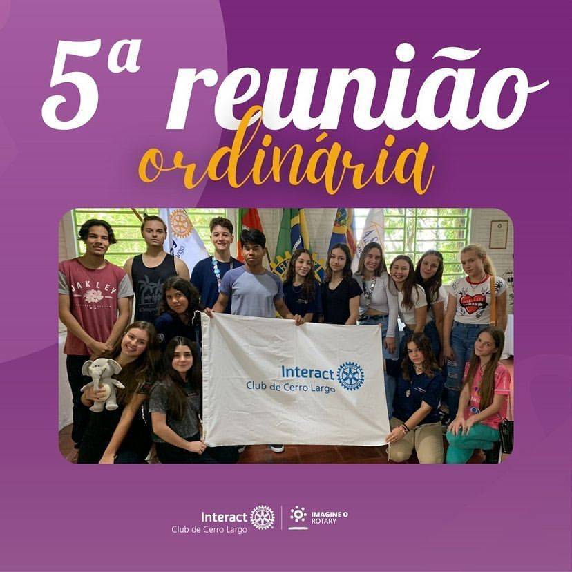 No dia 01/10/2022, foi realizada a 5º reunião ordinária da gestão 22/23, na Casa da Amizade, sob o lema “Imagine o Rotary”.  Nesta foi discutido, sobre futuros projetos do clube, o cronograma de trabalhos para a Oktoberfest Missões, pinação da nova associada Helena, organização final para as Interactíadas e apresentado as novas diretoras do cargo de Integração (Lynda) e Meio Ambiente (Helena).  #paratodosverem : A arte está composta por um fundo rosa. Na parte superior central está escrito “5ª Reunião Ordinária