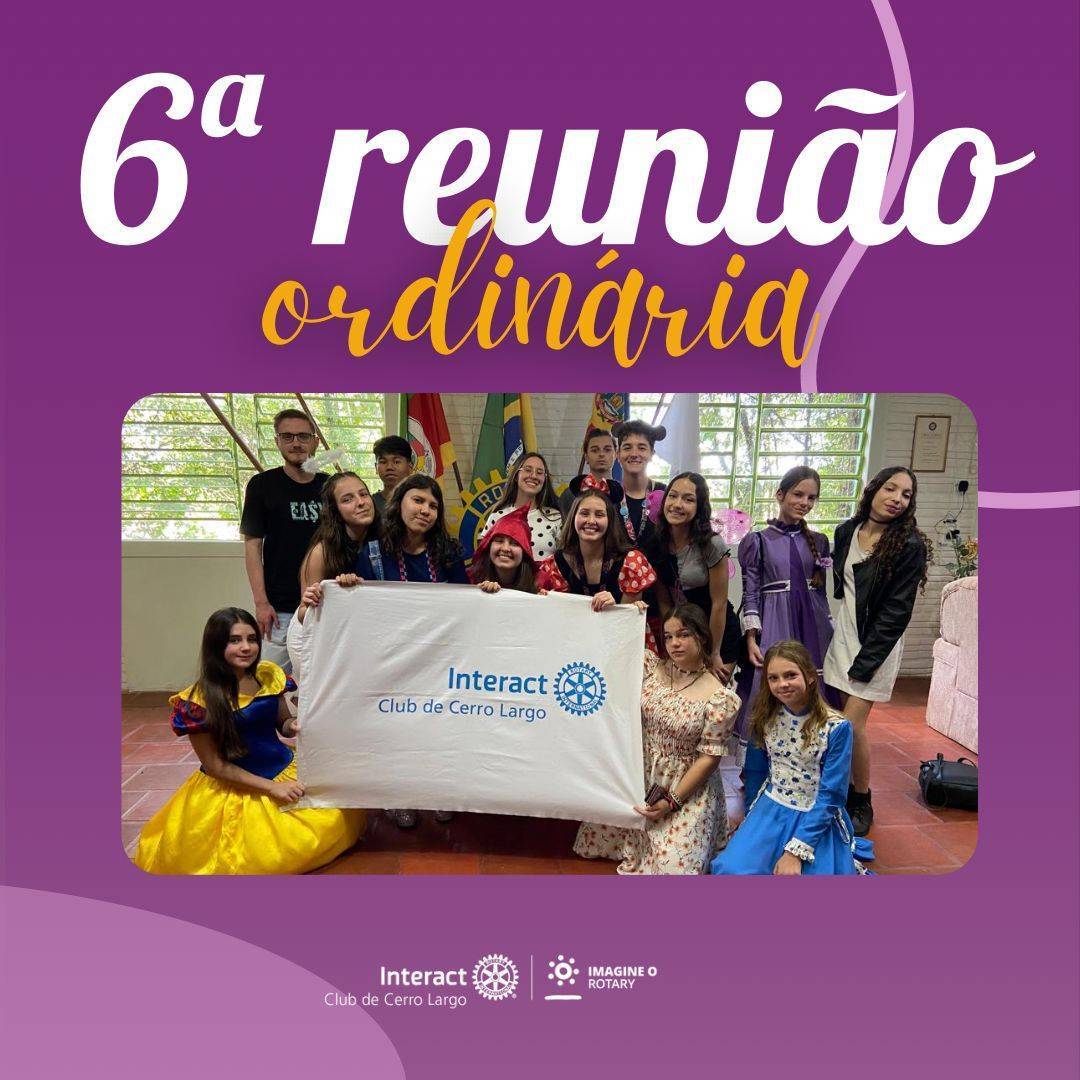 No dia 15/10/2022, foi realizada a 6ª Reunião Ordinária da Gestão 22/23, na Casa da Amizade, sob o lema “Imagine o Rotary”.  Nesta, foi discutido sobre futuros projetos do clube, feedback das Interactíadas, festiva para comemorar os trabalhos realizados na Oktoberfest, o projeto realizado depois da reunião, dia do convidado e as divulgações nas escolas.  #paratodosverem : A arte está composta por um fundo rosa. Na parte superior central está escrito “6ª Reunião Ordinária" nas cores branco e laranja. Na parte central está a foto dos companheiros do Interact com a bandeira do clube. Por fim, no centro inferior está a logo do Interact Club de Cerro Largo e a logo do Lema Rotário “Imagine o Rotary”. 💜🔅