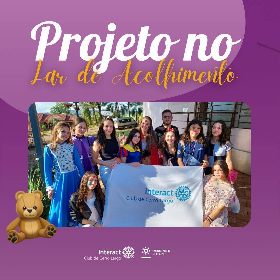 Dia das Crianças no Lar de Acolhimento da Vila Caraguata!  No sábado, dia 15/10/22, foi realizada uma tarde com muitas brincadeiras e lanches, disponibilizados pelos companheiros do Interact, para os acolhidos! Foi uma tarde de muita diversão e carinho, sempre oferecendo o melhor para servir e transformar vidas! 💜🧸  #paratodosverem A arte está composta por um fundo rosa. Na parte superior central está escrito “Projeto no Lar de Acolhimento" nas cores branco e laranja. Na parte central está a foto dos companheiros do Interact com a bandeira do clube. Por fim, no centro inferior está a logo do Interact Club de Cerro Largo e a logo do Lema Rotário “Imagine o Rotary”. 💜🔅