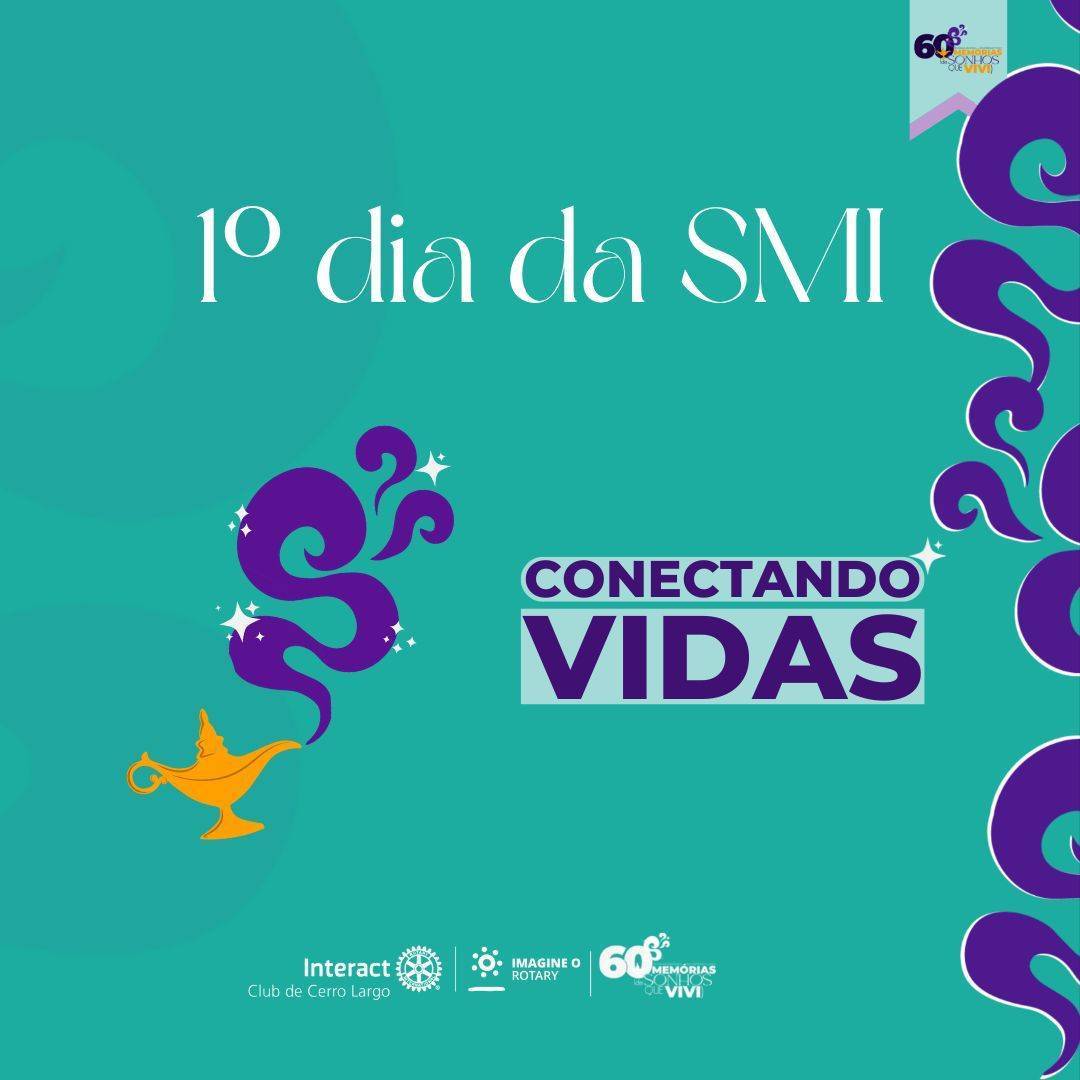 1º DIA DA SMI - Conectando vidas! 🧞‍♂️  Para o primeiro dia da SMI, trouxe-se o vídeo de duas ex-interactianas, Nicoly Duarte que foi presidente da gestão 2020-21 e Rafaela Mumbach, contaram suas lembranças e memórias que obtiveram nos anos que fizeram parte do Interact! 💜  #paratodosverem A arte está composta por um fundo verde água com uma fumaça quase transparente. Na parte central superior está escrito “1º dia da SMI”, no centro está “Conectando vidas” e abaixo está a logo do Interact Club de Cerro Largo, do Lema Rotário “Imagine o Rotary” e da SMI. Contando com ilustrações na arte como fumaças e lâmpada. Na segunda arte, está com um fundo verde água, um texto do canto superior direito, o vídeo da ex-interactiana e as logos abaixo do vídeo