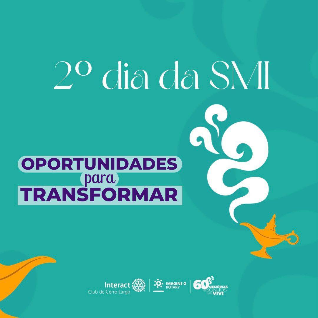 2º DIA DA SMI - Oportunidades para transformar! 🧞‍♂️  Para o segundo dia da SMI, trouxe-se dicas para quem for fazer o ENEM (Exame Nacional do Ensino Médio), dando dicas de redação, e se você for fazer, tente relaxar e escrever com calma que vai dar tudo certo! 💜  #paratodosverem A arte está composta por um fundo verde água com uma fumaça quase transparente. Na parte central superior está escrito “2º dia da SMI”, no centro está “Oportunidades para transformar” e abaixo está a logo do Interact Club de Cerro Largo, do Lema Rotário “Imagine o Rotary” e da SMI. Contando com ilustrações na arte como fumaças e lâmpada. Na segunda arte, está com um fundo verde água, um texto na parte esquerda e central da arte e as logos abaixo do texto. Na terceira arte, está com um fundo verde água, um texto na parte central e as logos abaixo do texto.