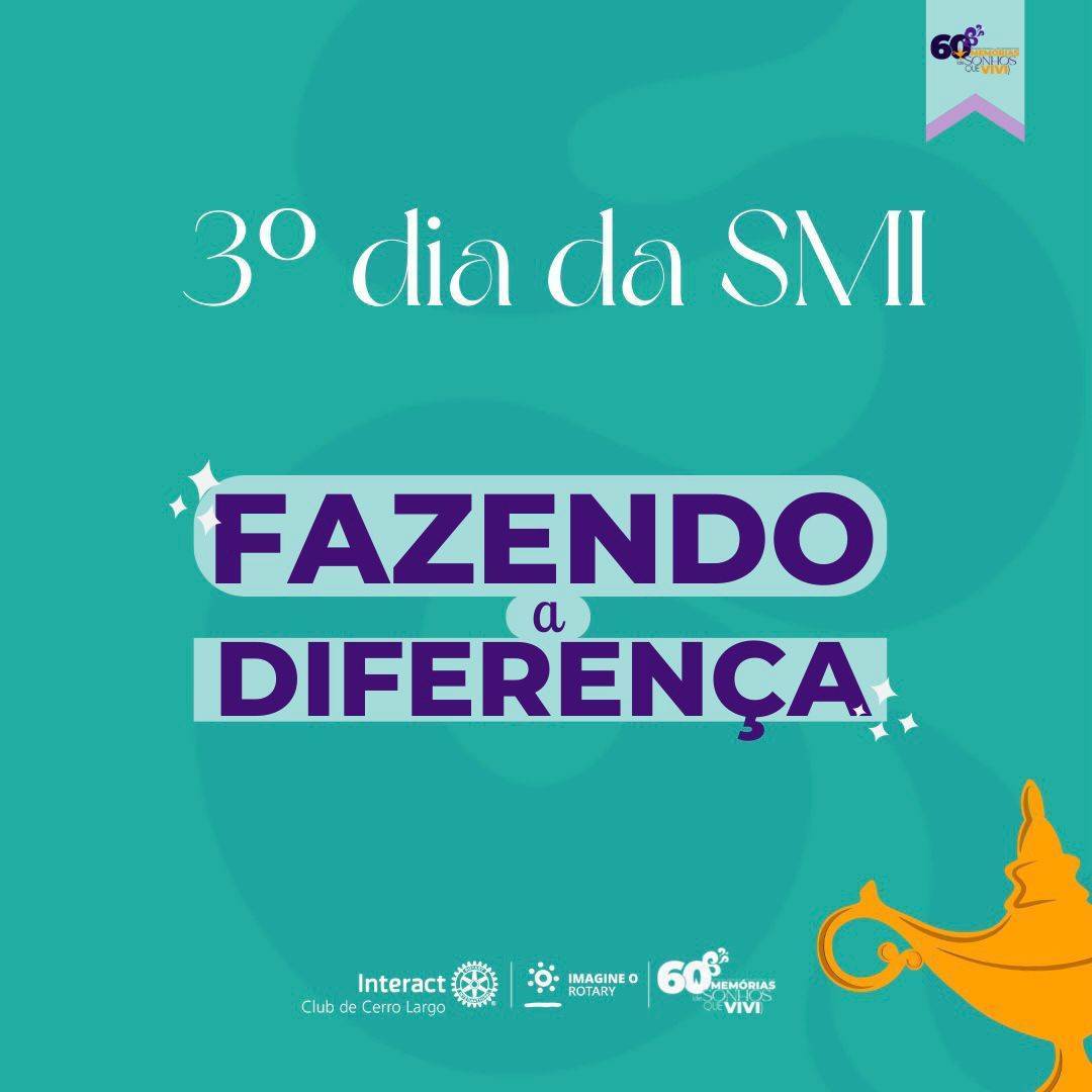 3º DIA DA SMI - Fazendo a diferença! 🧞‍♂️  Para o terceiro dia da SMI, trouxe-se uma campanha para ajudar o meio ambiente, a cada 10 curtidas nesse post, será plantada 1 árvore, na visita oficial, em lembrança de cada associado que já passou pelo Interact Club de Cerro Largo! 💜  #paratodosverem A arte está composta por um fundo verde água com uma fumaça quase transparente. Na parte central superior está escrito “3º dia da SMI”, no centro está “Fazendo a diferença” e abaixo está a logo do Interact Club de Cerro Largo, do Lema Rotário “Imagine o Rotary” e da SMI. Contando com ilustrações na arte como brilhos e lâmpada. Na segunda arte, está com um fundo verde água, um texto na parte central e as logos.