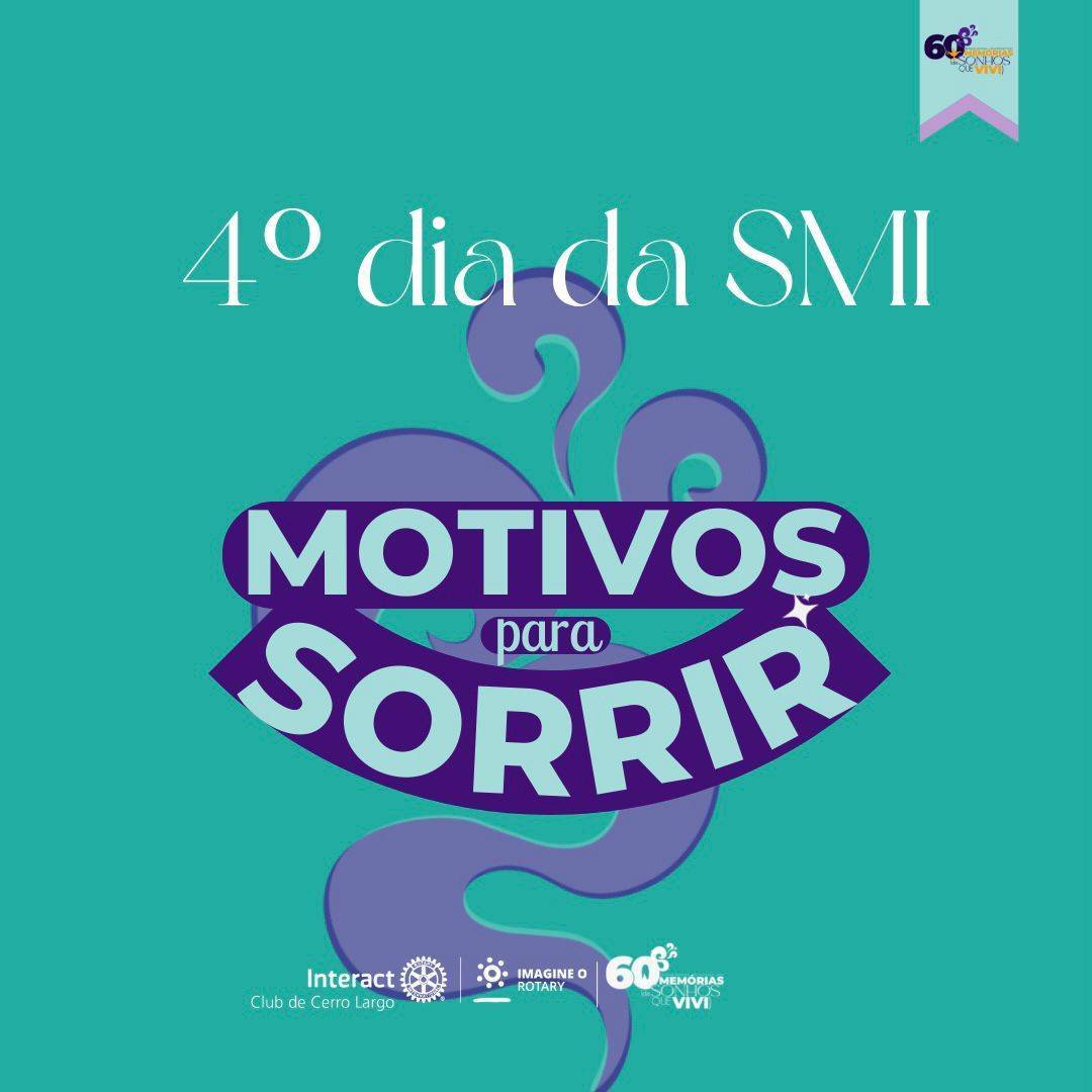 4º DIA DA SMI - Motivos para sorrir😄  Para o quarto dia da SMI, o clube realizou uma interação com as crianças da Creche Primeira Infância, localizada em Cerro Largo, na tarde, realizou-se brincadeiras, pinturas, jogos e foi despertado muitos risos, foi uma tarde de muita diversão. 💜  #paratodosverem A arte está composta por um fundo verde água com uma fumaça quase transparente. Na parte central superior está escrito “3º dia da SMI”, no centro está “Fazendo a diferença” e abaixo está a logo do Interact Club de Cerro Largo, do Lema Rotário “Imagine o Rotary” e da SMI. Contando com ilustrações na arte como brilhos e lâmpada. Na segunda arte, está com um fundo verde água, um texto na parte central e as logos.