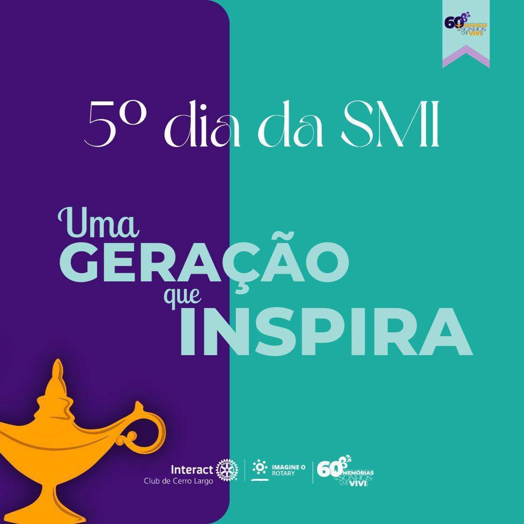 5º dia da SMI - Uma geração que inspira! 🧞‍♂️  O clube irá realizar uma rifa solidária, além de arrecadação de leites para o Lar do Idoso, e livros para o Lar de Acolhimento das Crianças, quando a rifa estiver pronta divulgaremos para quem quiser adquirir seu número para nos ajudar! 💜  #paratodosverem A arte está composta por um fundo verde água com um elemento roxo. Na parte central superior está escrito “5º dia da SMI”, no centro está “Uma geração que inspira” e abaixo está a logo do Interact Club de Cerro Largo, do Lema Rotário “Imagine o Rotary” e da SMI. Contando com ilustrações na arte como lâmpada. Na segunda arte, está com um fundo verde água, um texto na parte central, elementos como fumaças e lâmpada e as logos.