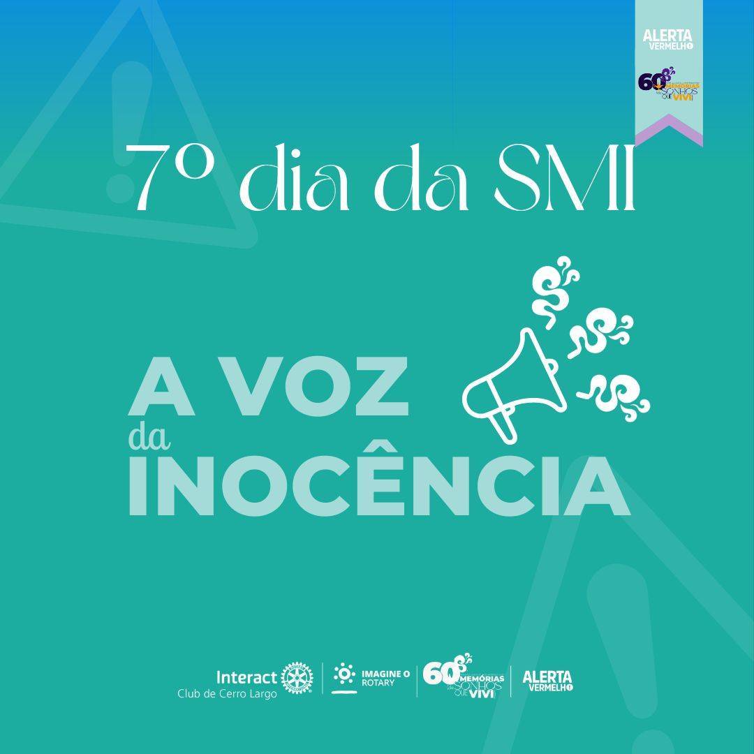 7º dia da SMI - A voz da inocência 📢⚠️  No 7º dia da SMI foi proposto que todos assistissem o filme "Um Olhar do Paraíso", para que os companheiros refletissem ao concluir.  #paratodosverem A arte está composta por um fundo verde água com um elemento roxo. Na parte central superior está escrito “7º dia da SMI”, no centro está “ A voz da inocência” e abaixo está a logo do Interact Club de Cerro Largo, do Lema Rotário “Imagine o Rotary”, SMI e do Alerta Vermelho. Contando com ilustrações na arte como megafone, ao lado do lema, e emojis de alerta com transparência no fundo da imagem.  Na segunda arte, está escrito "No 7º dia da SMI foi proposto que todos assistissem o filme "Um Olhar do Paraíso", para que os companheiros refletissem ao concluir."  Na terceira arte, está com um fundo verde água, elementos como emojis de alerta, as logos e no centro um texto com a sinopse do filme: "Susie Salmon está voltando para casa quando é assassinada por George Harvey, um vizinho que mora sozinho. Os pais de Susie, Jack e Abigail, inicialmente se recusam a acreditar na morte da filha. Em meio às investigações, a polícia conversa com George mas não o coloca entre os suspeitos, mas a família passa a desconfiar dele Susie, que agora está em um local entre o paraíso e o inferno, observa a situação e lida com o sentimento de vingança e a vontade de ajudar sua família a superar sua morte."  Na quarta arte, foi deixado um texto com alerta, referindo-se a situação decorrida no filme: Cuidado ao se relacionar com pessoas desconhecidas ou que conhece a pouco tempo, tanto em relacionamentos de amizade como de amor. O perigo não tem cara nem nome, se caso sentir-se desconfortável, saia e peça ajuda de alguém confiável. NÃO SE CALE!