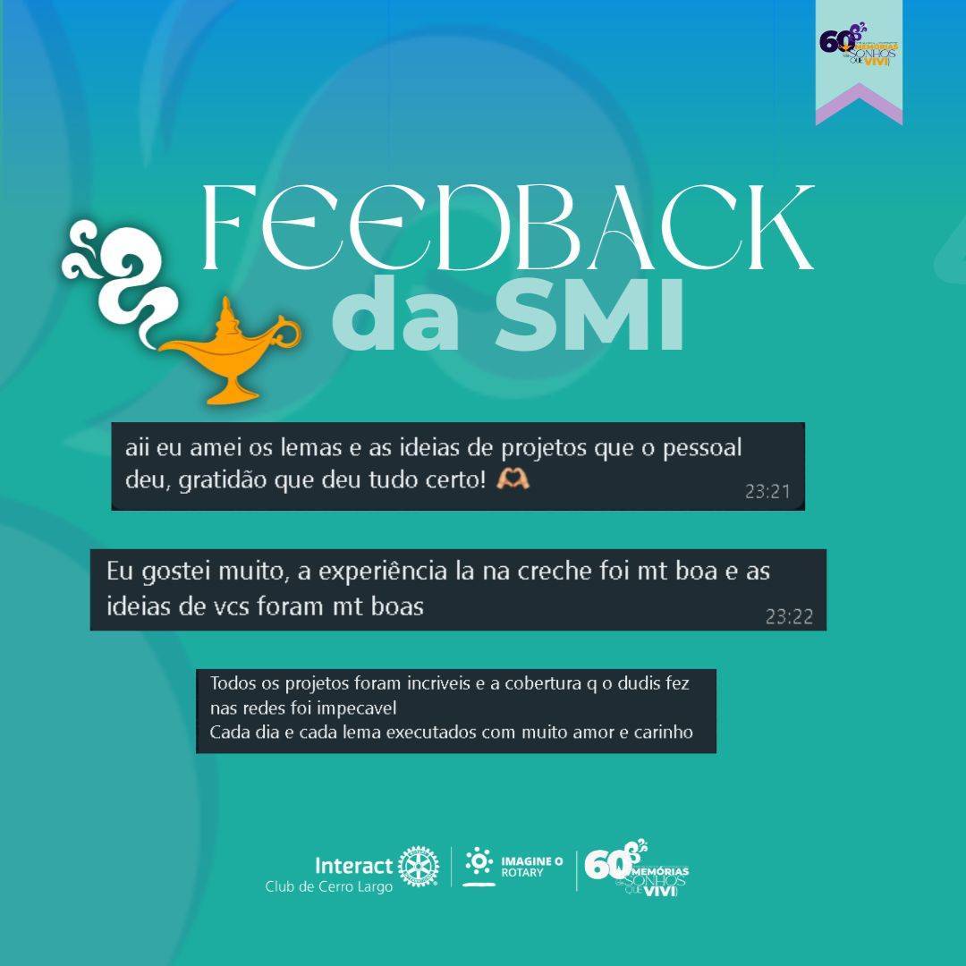 Feedback da SMI! 🧞‍♂️  Foi pedido para que os companheiros do clube que participaram da SMI realizassem um feedback sobre os projetos feitos.  #paratodosverem A arte está composta por um fundo verde água. Na parte central superior está escrito “Feedback da SMI”, no centro estão algumas mensagens dos companheiros do clube perante os projetos e abaixo está a logo do Interact Club de Cerro Largo, do Lema Rotário “Imagine o Rotary” e da SMI. Contando com ilustrações na arte como lâmpada e fumaça.
