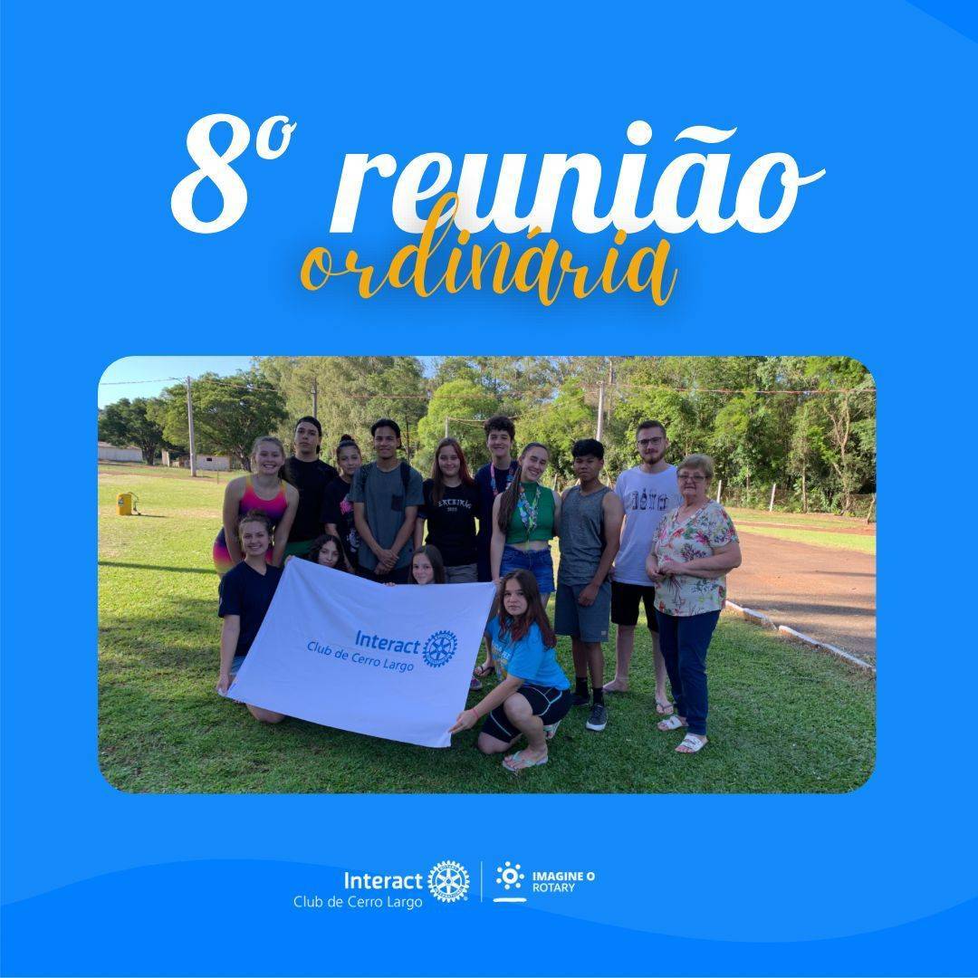 No dia 19/11/2022, foi realizada a 8ª Reunião Ordinária da Gestão 22/23, no Parque Municipal de Exposições, sob o lema “Imagine o Rotary”.  Nesta, foi discutido sobre futuros projetos do clube de final de ano e dinâmicas futuras!  #paratodosverem A arte está composta por um fundo azul. Na parte superior central está escrito “8ª Reunião Ordinária" nas cores branco e laranja. Na parte central está a foto dos companheiros do Interact com a bandeira do clube. Por fim, no centro inferior está a logo do Interact Club de Cerro Largo e a logo do Lema Rotário “Imagine o Rotary”. 💜🔅