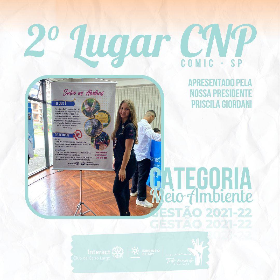 Nos dias 19, 20, 21 e 22 de janeiro de 2023 foi realizado o evento “COMIC - Todo mundo cabe aqui” em São Paulo - SP. Neste evento, foi desenvolvido o Concurso Nacional de Projetos, onde eram apresentados projetos destaques realizados pelos clubes durante a gestão 2021/2022, para receber uma determinada classificação; dentre eles na categoria de Meio Ambiente, o projeto "Salve as Abelhas", do Interact Club de Cerro Largo, foi classificado para a final, representado pela Priscila Giordani, que dedicadamente apresentou e alcançou o 2º lugar em nível nacional!  O clube agradece de coração a presidente que apresentou o projeto, não é fácil apresentar diante de tantas pessoas, além do nervosismo, você foi gigante Priscila! 🫶🏼  #paratodosverem A arte está composta por um fundo branco. Na parte superior central está escrito “2º Lugar CNP - COMIC SP - Apresentado pela nossa presidente Priscila Giordani” nas cores branco e ciano. Na parte central está a foto da apresentadora do projeto. Por fim, no centro inferior está a logo do Interact Club de Cerro Largo e a logo do Lema Rotário “Imagine o Rotary”. 💜🔅