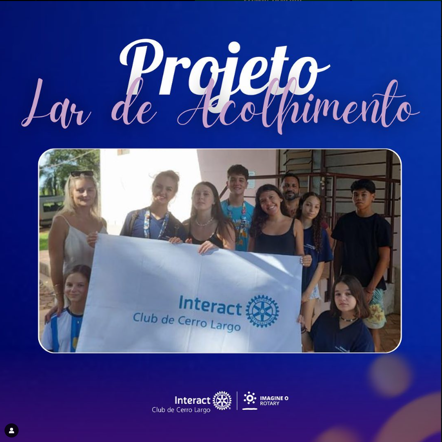 No sábado, dia 11/03/2023, foi realizado o projeto no Lar de Acolhimento. Neste, foi apresentado e distribuído conhecimento em questão do Presídio Estadual de Cerro Largo, tais informações foram proporcionadas pela Psicóloga Shirlei Sztormowski, também sendo membro do Rotary. Após isso, foi disponibilizado um lanche para as crianças e o restante da tarde houve dinâmicas e brincadeiras.  #paratodosverem A arte está composta por um fundo azul. Na parte superior central está escrito “Projeto Lar de acolhimento" nas cores branco e rosa. Na parte central está a foto dos representantes. Por fim, no centro inferior está a logo do Interact Club de Cerro Largo e a logo do Lema Rotário “Imagine o Rotary”. 💜🔅