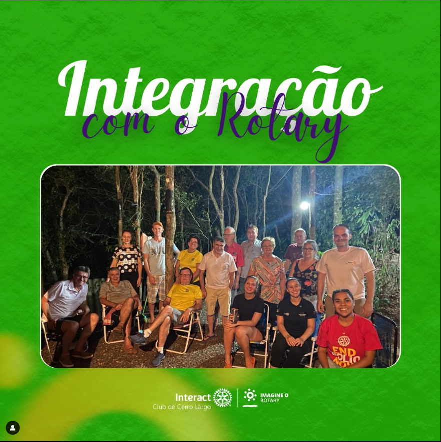 No dia 21/03/2023, o Interact Club de Cerro Largo juntamente com o Rotary e Rotaract, reuniram-se para uma noite de integração com janta, bocha e muitas conversas e risadas! Foi um momento de descontração e companheirismo para ambos, mas também para se conhecerem melhor! 🥰  #paratodosverem A arte está composta por um fundo verde. Na parte superior central está escrito “Integração com o Rotary”. No centro está a foto dos companheiros. Por fim, no centro inferior está a logo do Interact Club de Cerro Largo e a logo do Lema Rotário “Imagine o Rotary”. 🔅💜